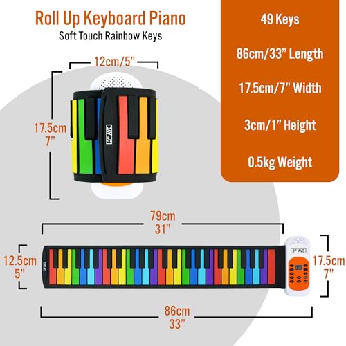 3rd Avenue 49 Key Rainbow Soft Touch Roll Up Piano Keyboard for Beginners with Built-In Speaker, Multi, 49 Key - Roll Up - Image 3