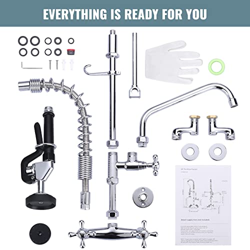 Iviga 26" Height Commercial Kitchen Faucet Wall Mount With Pre-Rinse Sprayer, 4" To 9" Adjustable Center With Humanized Handle Design & 10" Add-On Swing Spout Faucet & Coiled Spring Pull Down Spray #TOP6