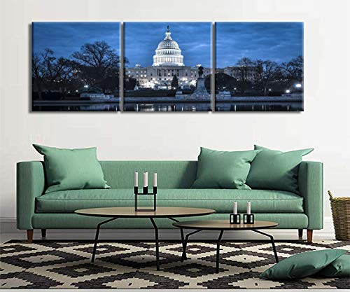 Washington Dc Capitol Building At Night Wall Art Posters Canvas Painting Blue Cityscape Pictures City Skyline Wall Decor Hd Prints Decorations Framed Ready To Hang(24''Wx72''H) #TOP1
