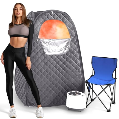 Steupoek Single Person Sauna, Portable Steam Sauna Full Body for Home Spa, Sauna Tent with Steamer 2.6L 1000W Steam Generator, 90 Minute Timer, Chair, Remote Control Included(Gary)