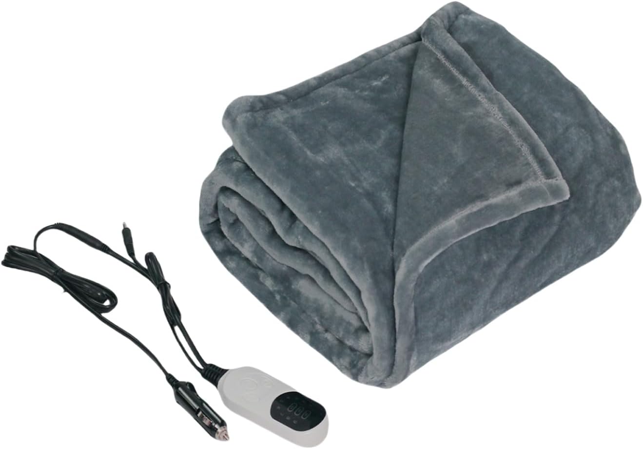 1Pc Heated Car Blanket with 9 Heating Levels 2H 8H 12H Timer Setting Flannel Portable Heated Throw 12 Volt Electric Blanket for Car, Truck, SUV, RV, Machine Washable 59 * 39.37inch (Grey)
