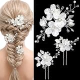 Ouligay 3 Stück Haarspange Braut Haarspangen, Weiß Perle Haarnadeln Französische Haarspange Hochzeit, Weiß Braut Haarschmuck Perlen Glitzer Brautschmuck Hochzeit Haarschmuck Kommunion Mädchen Frauen