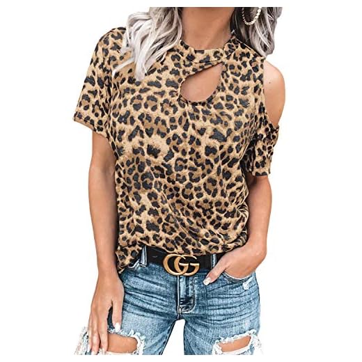 CNFUFEN Ladies Summer Tshirt Sexy Fancy Cheetah Going Out Sexy Short Sleeve Tops Fashion Open Shoulder Twist Shirts High Fashion for Women Leopard L