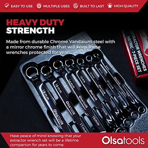 Olsa Tools Bolt Extractor Offset Wrench Set (7Pc) | 6-Pt Box End Rounded Nut Remover | Stripped Bolt & Nut Remover | Metric Wrench Set | Professional Grade #TOP1