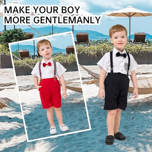 Image of Boys Summer Formal Outfit Set - Gentleman Baby Boy Outfit Toddler Suit Short Sleeve Bow Tie Shirt Pants