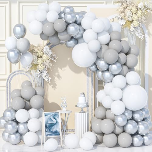 Teselife Kit Arco Globos 140 Piezas Color Blanco Plateado Gris, Kit Guirnalda Globos Fiesta Color Blanco Metálico Plateado Para Cumpleaños Baby Shower Boda Aniversario Carnaval Suministros Decor