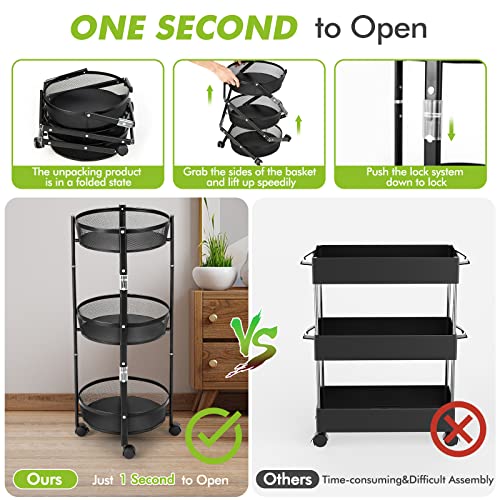 Goflame 3-Tier Foldable Storage Cart, Rolling Fruit Vegetable Basket Stand With 3 Metal Mesh Baskets, Kitchen Rolling Storage Basket On Wheels For Pantry, Dining Room, Living Room, Round #TOP1