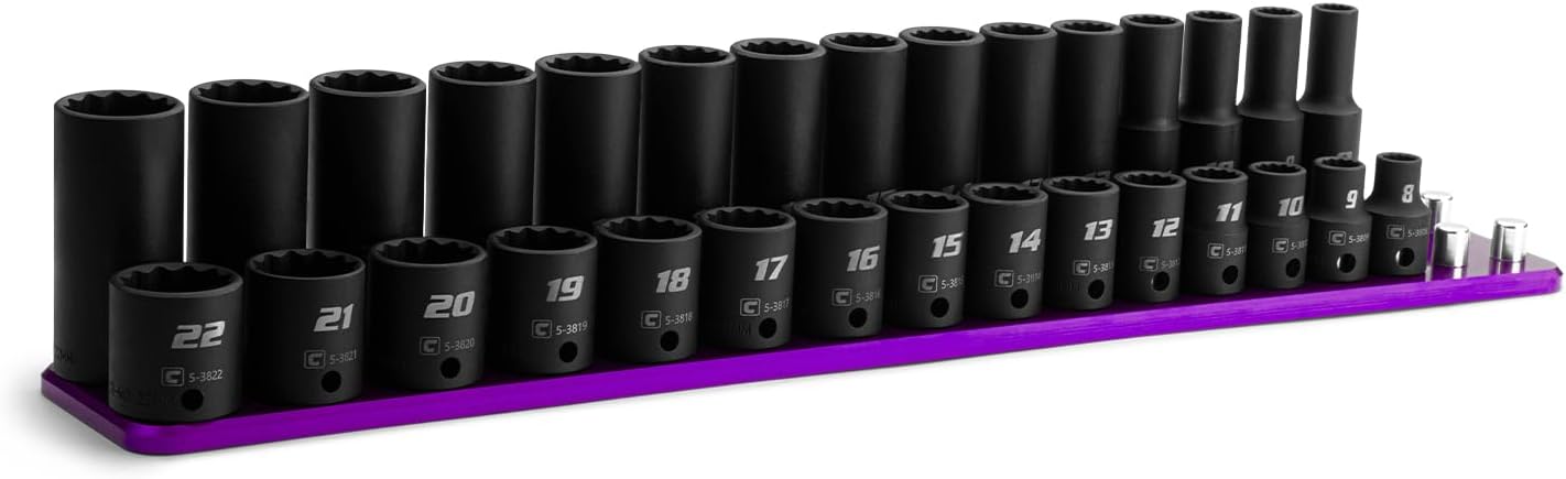 Capri Tools 3/8 in. Drive Shallow and Deep Impact Socket Set, 12-Point, SAE, 5/16 to 1 in., 24-Piece with Red Billet Aluminum Socket Rail