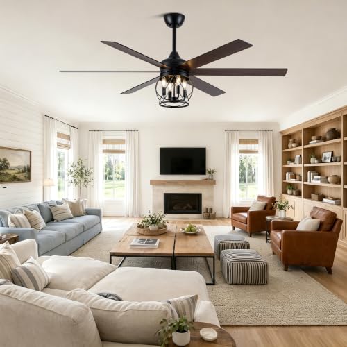Image of 60 inch Farmhouse Ceiling Fan with Lights Remote Rustic Ceiling Fan