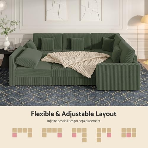 Oversized Modular Sectional Sofa with Storage, Modern Sleeper Sofa, Extra Deep Seat Comfy Corduroy Cloud Couch with Ottoman and 5 Pillows for Living Room (U Shape Sectional with Storage, Green) — view 6