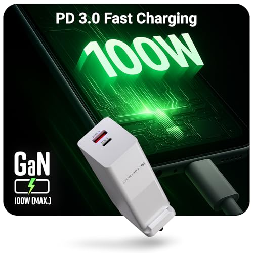 Image of ZEBRONICS RC30B,100W, Gan Charger,Dual-Ports (Type C & USB 3.0),PD 3.0 (PPS) Compact Design, Built in Protections,Smart IC,Detachable Plug,Compatible for iPhone,Android & Laptop, White