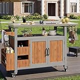 MURUL Wetterfester BBQ-Beistelltisch/Grillwagen aus Massivholz, Edelstahl-Arbeitsplatte, ausziehbare Seitenablage, 3 Haken, Regal
