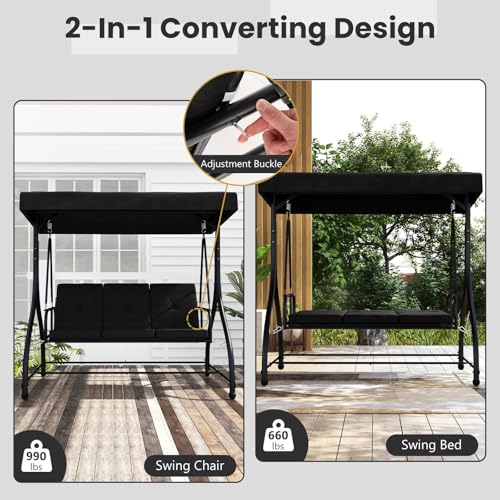 Image of HAPPYGRILL 3 Seat Outdoor Porch Swing, 2-in-1 Swing Glider with Adjustable Canopy, Removable Cushions, Foot Pad, Curved handrails, Outdoor Swing for Patio Yard Garden Balcony Backyard