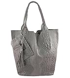  Freyday Damen Echtleder Shopper mit Schmucktasche in vielen Farben Schultertasche Henkeltasche Handtasche Metallic look S03 (Hellgrau Kroko)