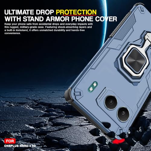 Image of AESTMO Armor Back Cover for OnePlus Nord 4 5G | Ring Holder & Kickstand & Camera Protection in-Built | 360 Degree Protection Back Case Cover (Blue)