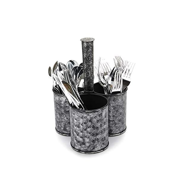 Mind Reader Utensil Caddy [3 Round Compartment] Metal Rustic Flatware Organizer, Silverware Storage, Cooking Utensils Holder for Kitchen, Restaurants, Outdoor, Picnics, and Camping (BLACK PRINT)