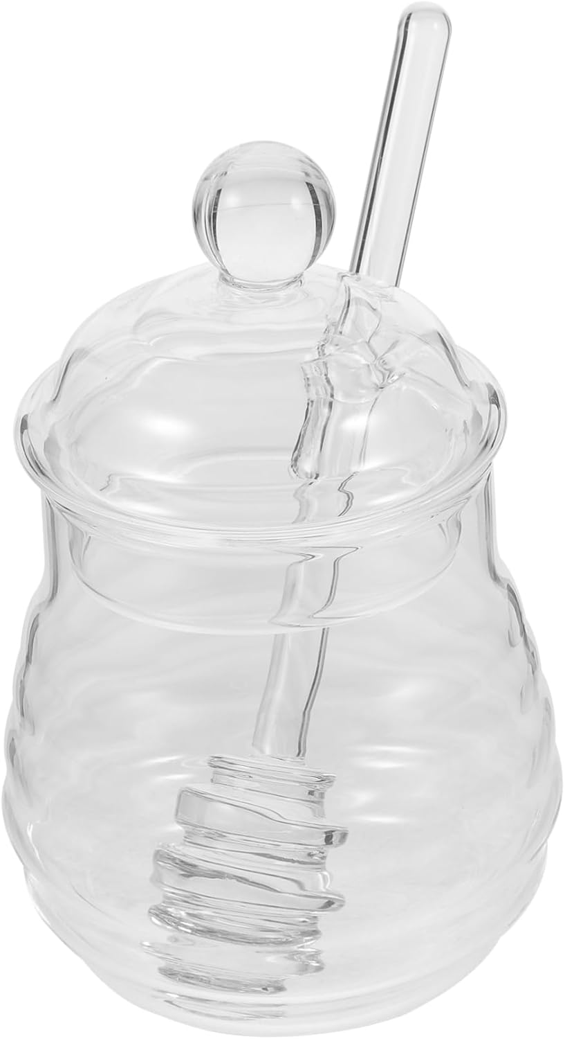 Clear Borosilicate Glass Honey Jar Set with Spiral Dipper and Lid Transparent Honey Pot Container for Home Kitchen Storage and Easy Dispensing