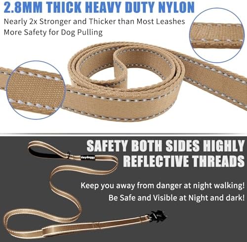 Strong Heavy Duty Dog Leash - 5ft Reflective Nylon Training Leash with Soft Padded Double Handle & Auto Lock Frog Clip - Safety Traffic Control for Large Medium Small Dogs No Pull Walk Khaki,4ft - 3