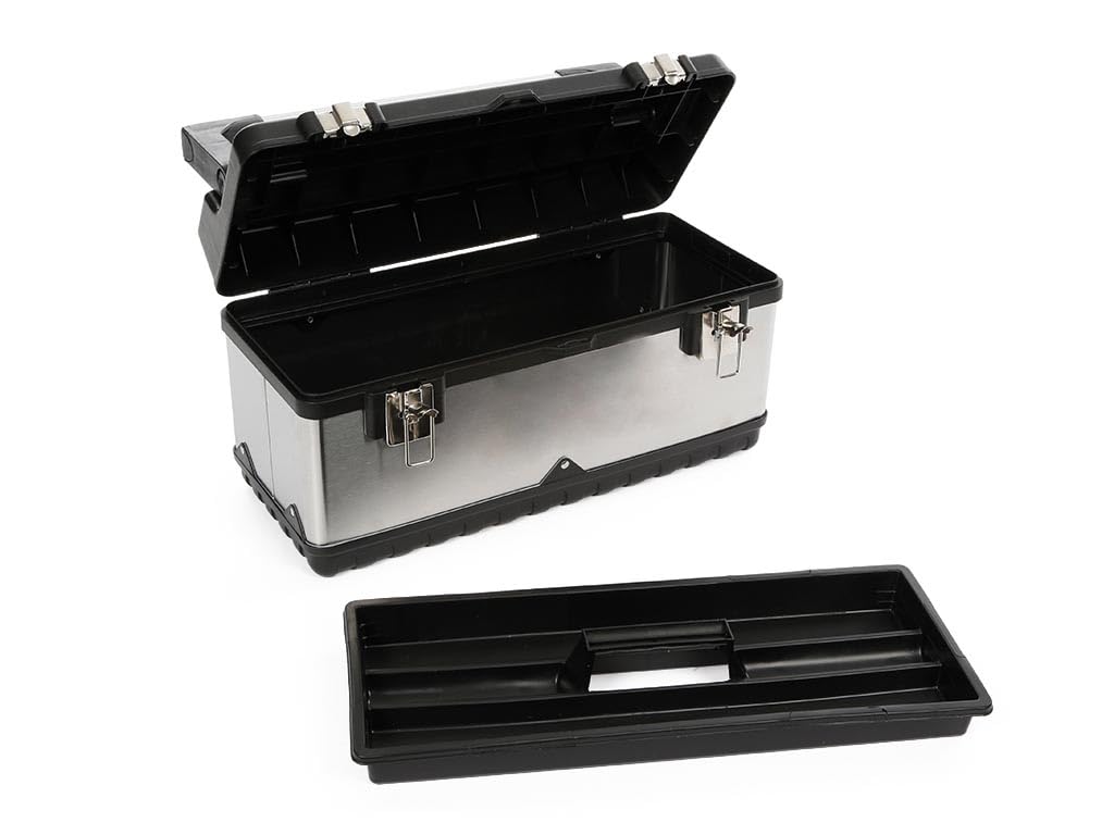 Perel cassetta attrezzi in acciaio inox con vassoio rimovibile toolbox in metallo con maniglia in alluminio e chiusure metalliche organizer attrezzi per officina e garage 50,5x23,5x22,5cm 26,7L