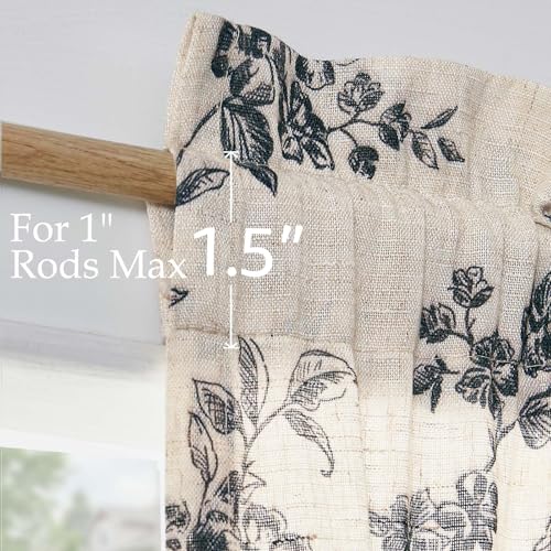 Image of jinchan Floral French Door Curtain Panel Farmhouse Decor Light Filtering Linen with Tie Up Bow for Glass Door or Patio 72 Inch Length Rod Pocket 1 Panel Black on Linen