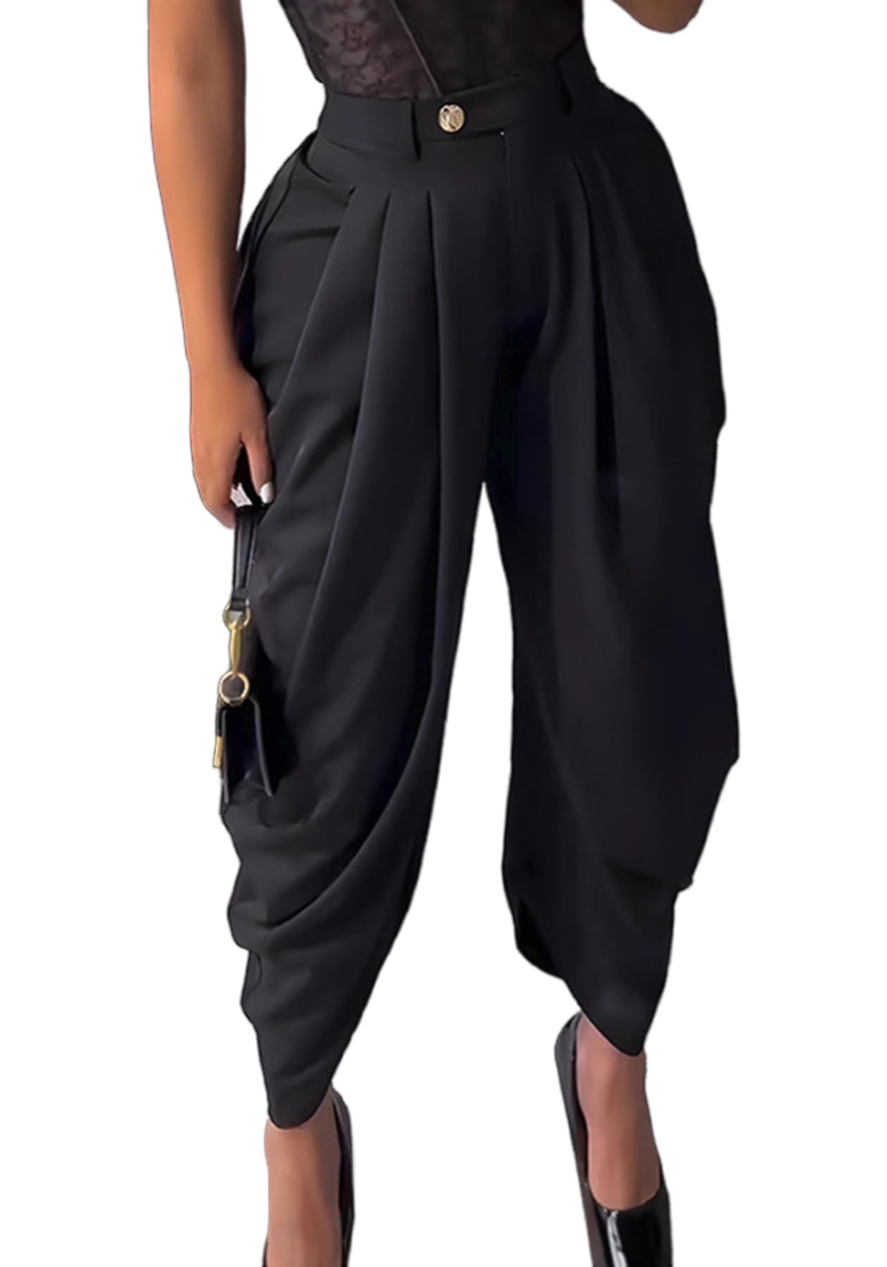 Womens High Waisted Ruched Barrel Pant Baggy Wide Leg Business Casual Trousers Palazzo Harem Pants