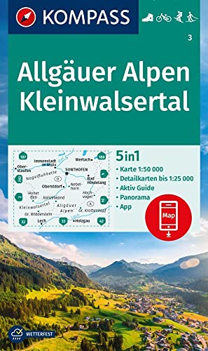 Produktfoto von KOMPASS Wanderkarte 3 Allgäuer Alpen, Kleinwalsertal 1:50.000: 4in1 Wanderkarte mit Aktiv Guide und 1:25000 Karten,…