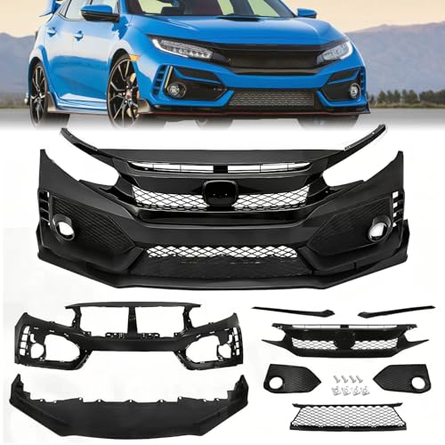 Front Bumper Grille Cover Kit Fit for 2016-2021 Honda Civic Type R Style Sedan, with Fog Light, Upper/Lower Grilles-Modification Parts