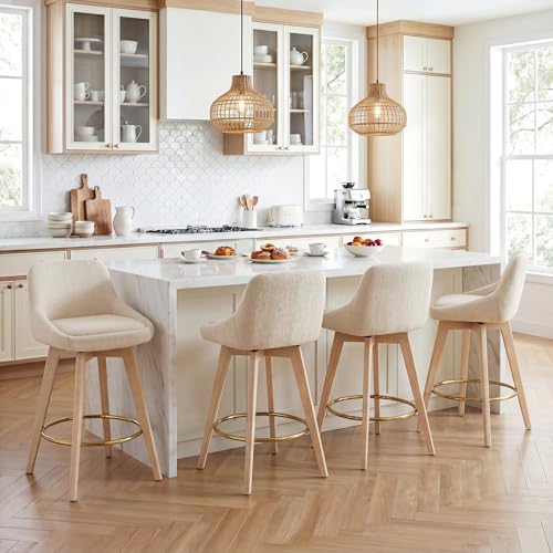 Image of Zesthouse Swivel Counter Height Stools Set of 2, 26 inch Wooden Barstools with Back & Solid Wood Legs, Modern Upholstered Bar Stools for Kitchen Island, Beige Linen Fabric Counter Height Chairs