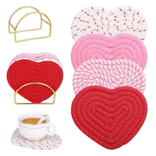Heart Coasters Set of 4 Cute Coasters with Golden Holder Handmade Braided Coaster Heart Shaped Pink Red White Cup Mat Anti Slip Absorbent Drinks Mat Birthday Gifts for Women Party Home Restaurant