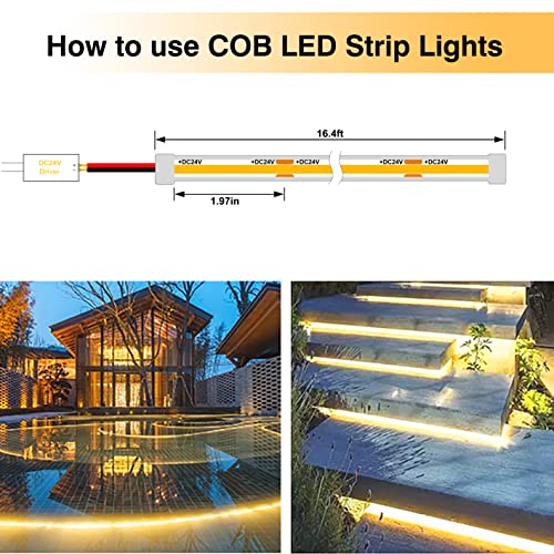 Cob Led Strip Light Water-Resistance Ip65, Dc24V Waterproof 16.4Ft Flexible Led Lights 480 Leds/M Tape Warm White 2700K Cri90+ Without Dot For Home, Bedroom, Kitchen (Power Adapter Not Included). #TOP4
