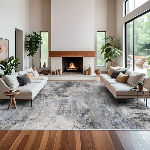 RUUGME Washable Abstract 12x15 Rug - Large Area Rugs for Living Room Waterproof Indoor Ultra Thin Mat for Bedroom Stain Resistant Non Slip Backing Distressed Soft Farmhouse Floor Carpet 12x15 Blue