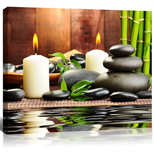 QTESPEII Zen Canvas Wall Art Paintings Decor Black Stone White Candle Green Bamboo Picture Posters for Spa Yoga Room Bathroom, Framed Modern Office Décor Home Walls Decoration, 12