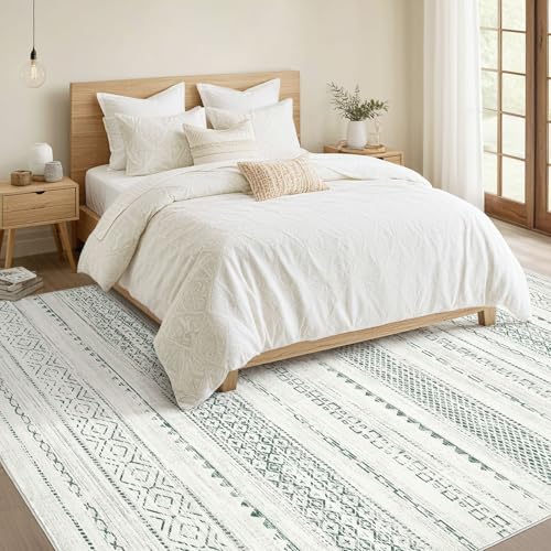 Nakagishi Green Rug Living Room 5x8: Washable Boho Large Neutral Farmhouse Soft Area Rugs Modern Stain Resistant Moroccan Indoor Non-Slip Floor Carpet for Bedroom Nursery Kids Playroom Office