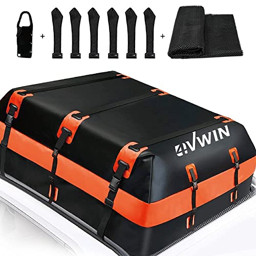 4vwin Car Rooftop Cargo Carrier 15 Cubic Feet 100% Waterproof 600D PVC for All Vehicle with/Without Rack with Storage Bag, Anti-Slip Mat, 6 Door Hooks, Lock (15 Cubic FEET)