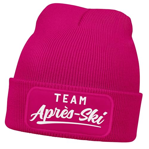 MoonWorks Damen Beanie Patch Skifahren Strickmütze mit Spruch Team Après Ski Aufdruck Lustig Damenmütze Pink Unisize
