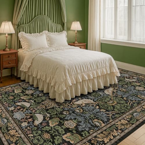 Image of Hazo Haus Dark Living Room Rug 8x10 - Large Washable Vintage Floral Area Rugs for Dining Room, Bedroom, Traditional Antique Style, Birds and Leaves Nature Design, Non-Slip Low Pile (Dark Green /Brown)