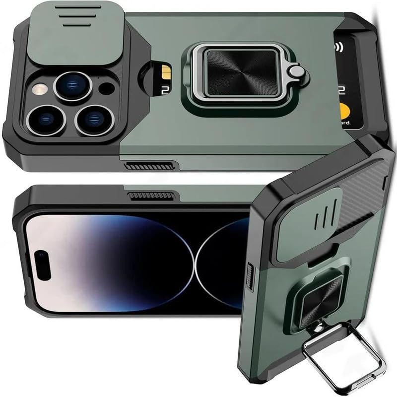 Image of LuxuryKase Shockproof Armor Case for iPhone 15 Pro Max | Slide Camera Cover | Hidden Card Slot | Rotating Ring Kickstand | Magnetic Car Mount Support | Military Grade Protection - Green