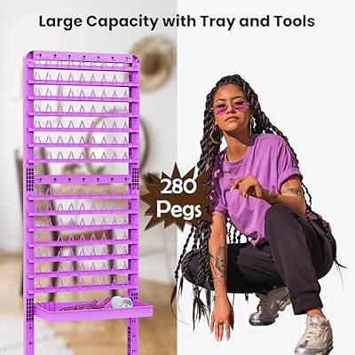 Braiding Hair Rack 280 Pegs with Tray and Braid Tools, Mobile Braid Rack with Wheels, Height Adjustable, Standing Braider Rack Stand Separator Hair Extension Holder Hanger for Salon Home