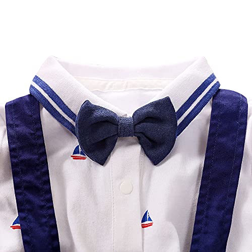 Image of Hopscotch Boys Cotton Graphic Print Formal Set Suspender Shorts Formal Set with Bow in Navy Color