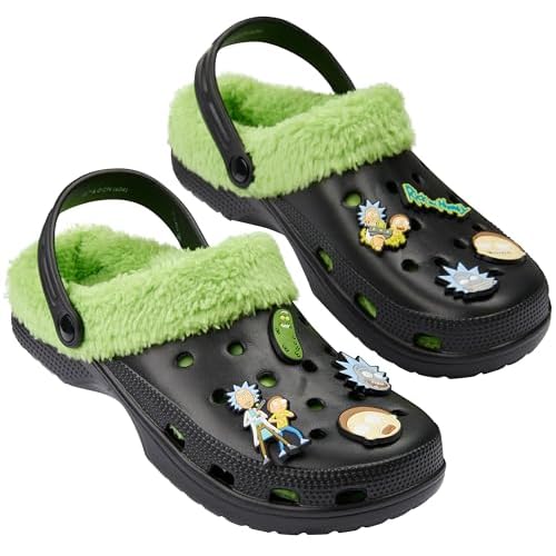 Rick and Morty Zuecos Invierno Hombre con Forro Polar y Charms Extraíbles (Negro/Verde, 40/41 EU)