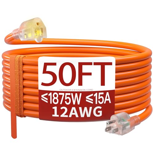 50 FT 12 Gauge Extension Cord Outdoor, Heavy Duty Weatherproof & Flame Retardant Orange 3 Prong Power Cord with Light, Outside for Lawn & Garden, 15 Amps 1875 Watts 125 VAC 12AWG SJTW, ETL Listed