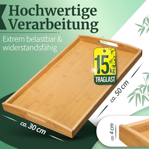 HEIMWERT Tablett Serviertablett Bambus Holz - besonders stabiles und leichtes Holztablett mit Griff - rechteckig Tablett Holz Serviertablett groß Serving Tray Küchen Deko Servierplatte (Natur) – Bild 2