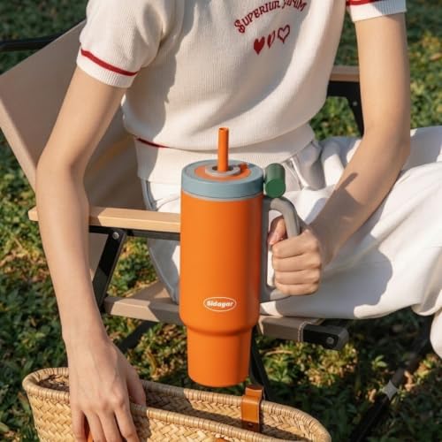 Sidagar Tumbler with Handle,36 oz Ceramic Lined Travel Mug Water Bottle with Straw,Vacuum Insulated Stainless Steel Cup with Lid,Fits Cup Holder, Leak Resistant Press-in Lid,Orange — view 3