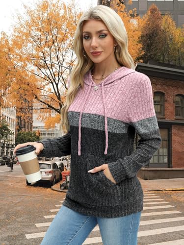 MixShe Women’s Color Block Knit Hoodie – Casual Long Sleeve Pullover Sweater Tops with Pocket