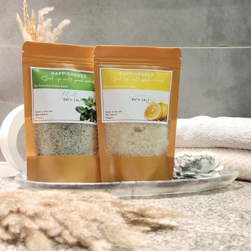 Image of Happishades Bath Salt | For Body & Foot Spa, Calming, Relaxing, Muscle Aches Pain Relief, Aromatherapy | Pure & Natural Epsom, Sea Salt & Essential Oils - 200 grams (Mint & Lemon)