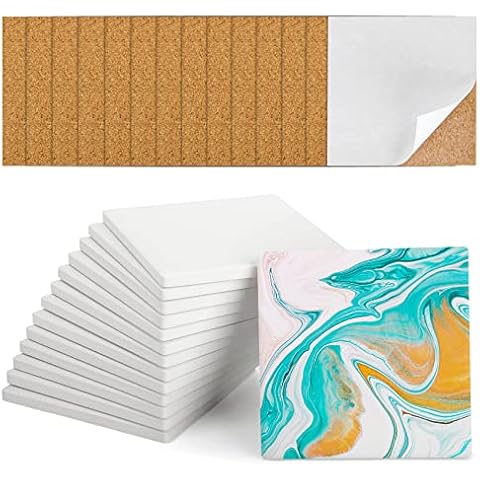 Ceramic Tiles for Crafts Coasters,14 Pack 4-Inches Unglazed Ceramic Coasters for Drinks with Cork Backing Pads,Use with Alcohol Ink or Acrylic Pouring Make Your Own DIY Coasters (Square) Cover