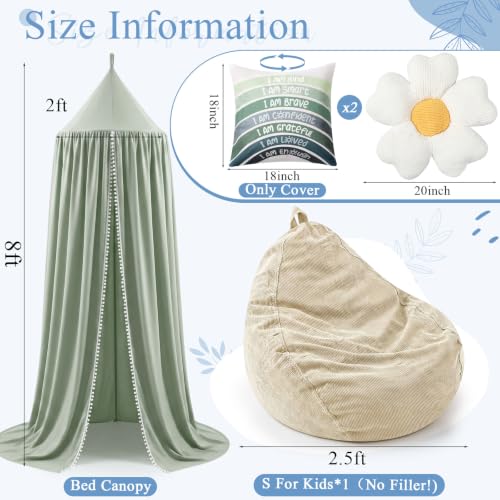 Image of 5 Pcs Kids Reading Corner Set Reading Nook Bean Bag Chair Cover with Canopy Tent, Throw Pillow Cover (No Filler) and Flower Pillow for Bedroom Playroom Nursery Corner Decoration(Green)