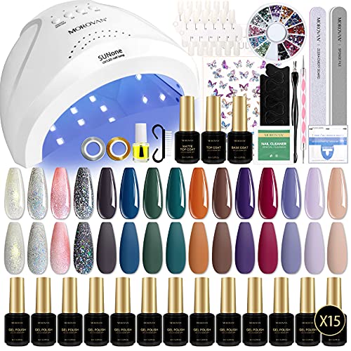 Morovan Gel Nail Polish Kit with UV Light 48W - 15 Colors Glossy Matte Nail Polish Set LED Nail Lamp Nail Gel Polish Starter Kit with Rhinestone No Wipe Base Top Coat and Manicure Tools for Nail Art