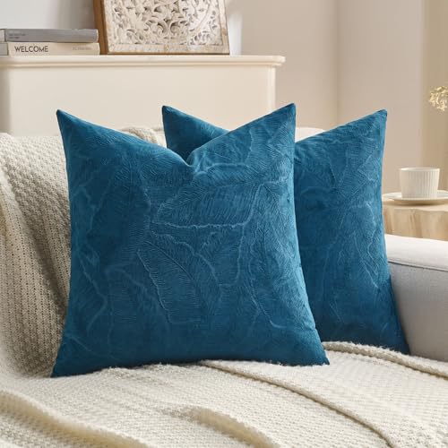 Image of FUTEI Pack of 2 Velvet Throw Pillow Covers 26x26 Inch Soft Embossed Leaf-Relief Textured Decorative Euro Pillow Shams Modern Natural Farmhouse Accent for Couch Bed Living Room, Navy Blue