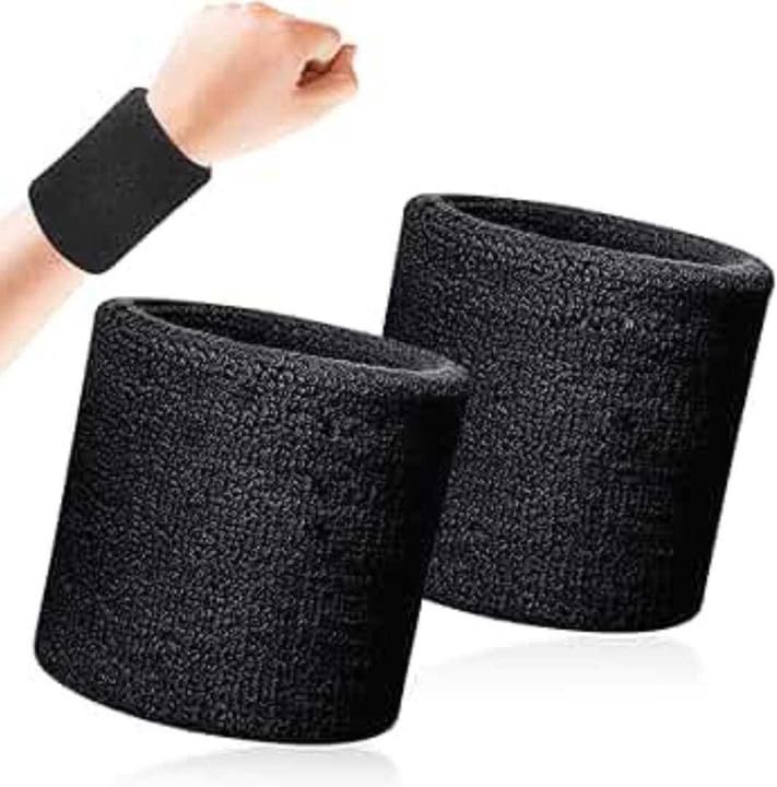 Sports Wristbands, Black, Sweat Absorbent Terry Cloth, 2 Pack-image-15
